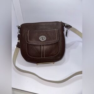 Coach Dark Brown Pebbled Leather Crossbody with Front Turn-Lock